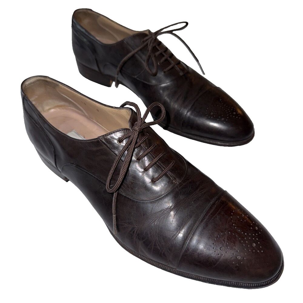 Bally Mens Brown Leather Cap Toe Oxford Lace Up Dress Shoes Size 10 D Italy